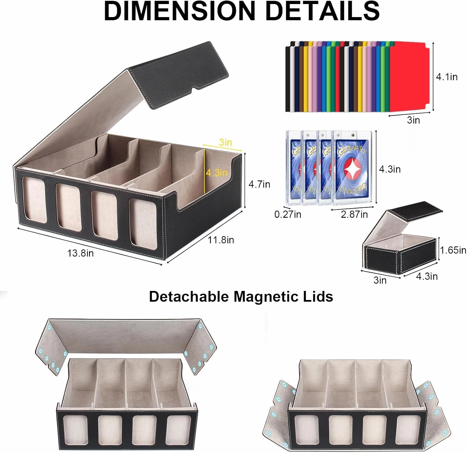 GEAoffice Trading Card Storage Box with Commander Display, 3200  Card Deck Case with Magnetic Removable Lid, 4-Row Deck Box for MTG/TCG/Sports/Games, 10 Stoppers, 24 Dividers, 1 Dice Tray, Black Grey