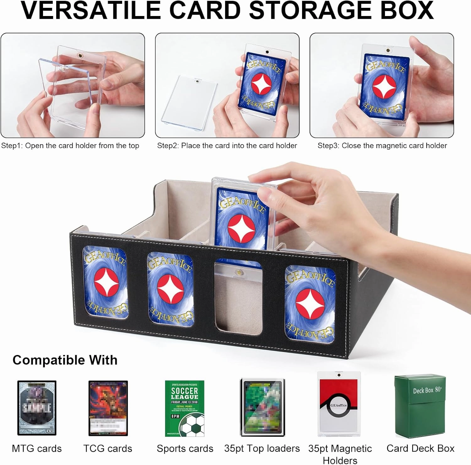 GEAoffice Trading Card Storage Box with Commander Display, 3200  Card Deck Case with Magnetic Removable Lid, 4-Row Deck Box for MTG/TCG/Sports/Games, 10 Stoppers, 24 Dividers, 1 Dice Tray, Black Grey