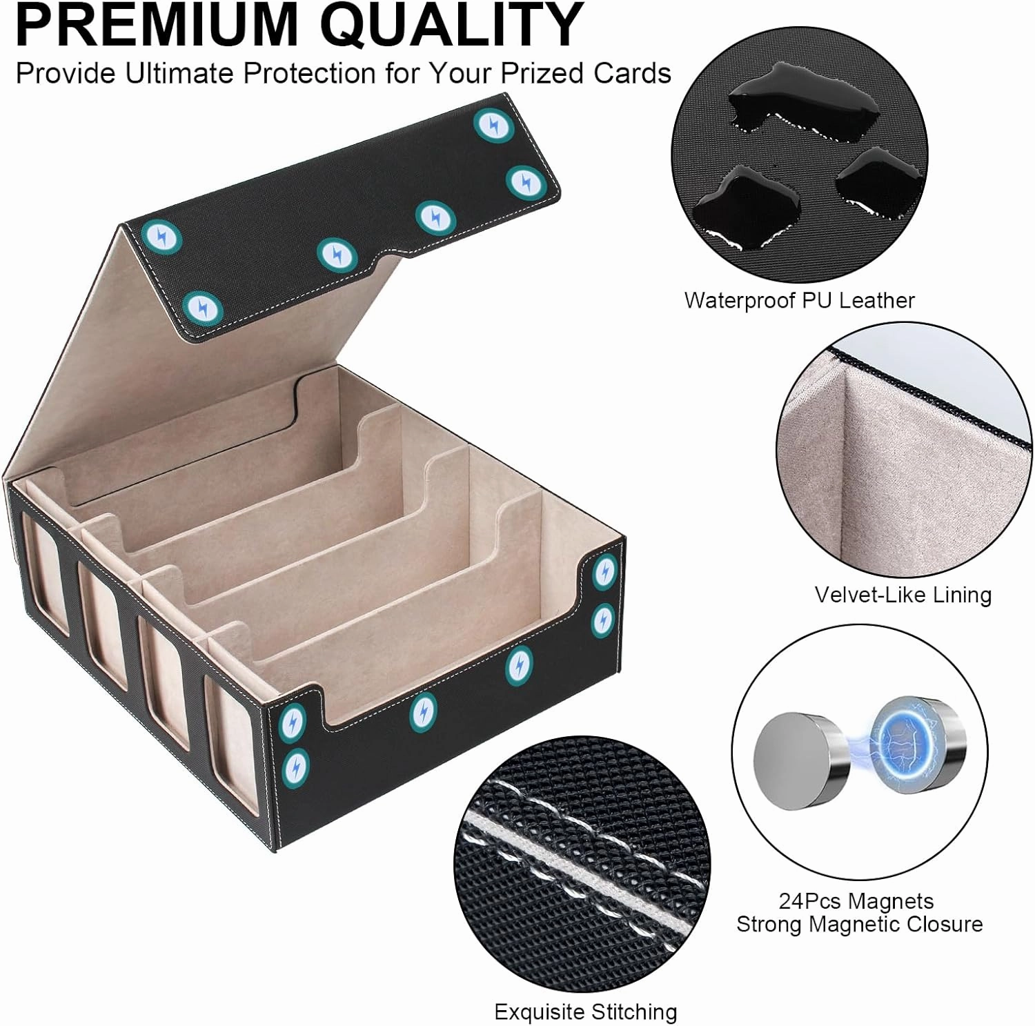 GEAoffice Trading Card Storage Box with Commander Display, 3200  Card Deck Case with Magnetic Removable Lid, 4-Row Deck Box for MTG/TCG/Sports/Games, 10 Stoppers, 24 Dividers, 1 Dice Tray, Black Grey