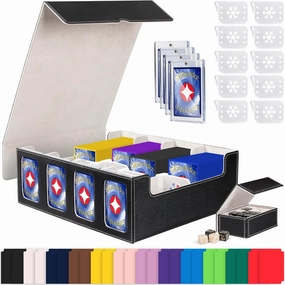 GEAoffice Trading Card Storage Box with Commander Display, 3200  Card Deck Case with Magnetic Removable Lid, 4-Row Deck Box for MTG/TCG/Sports/Games, 10 Stoppers, 24 Dividers, 1 Dice Tray, Black Grey