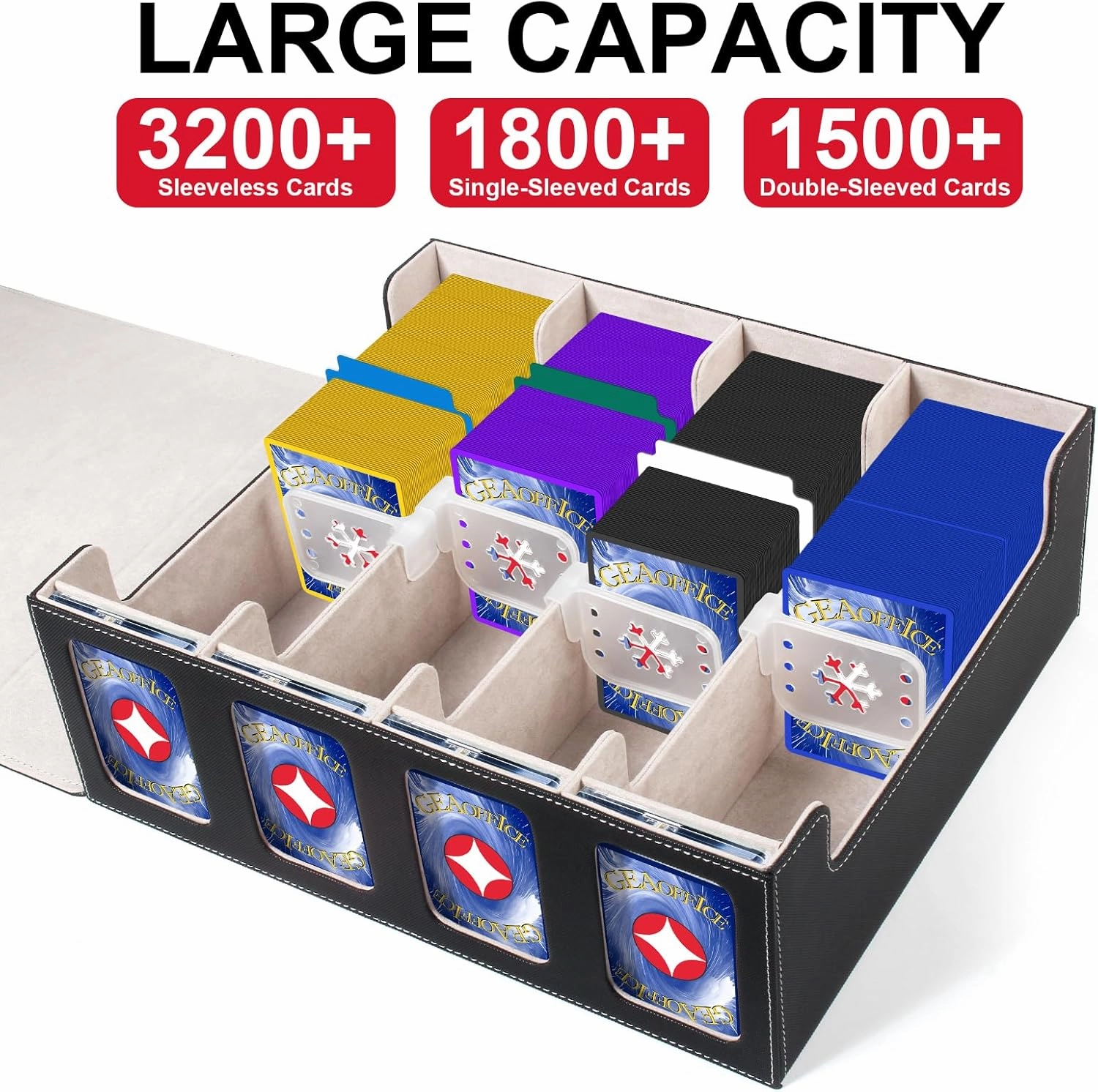GEAoffice Trading Card Storage Box with Commander Display, 3200  Card Deck Case with Magnetic Removable Lid, 4-Row Deck Box for MTG/TCG/Sports/Games, 10 Stoppers, 24 Dividers, 1 Dice Tray, Black Grey