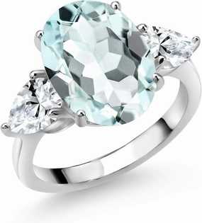 Gem Stone King 925 Sterling Silver Sky Blue Simulated Aquamarine and White Created Sapphire Ring For Women (7.70 Cttw, 14X10MM Oval and 7X5MM Pear Shape, Gemstone, Available In Size 5, 6, 7, 8, 9)