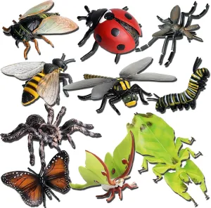 Gemini&Genius 10Pcs Bug Toys for Kids, Woodland Animals, Insect Figurines, Cicada, Ladybird, Mosquito, Bee, Dragonfly, Caterpillar, Spider, Butterfly, Phyllium, Samia Cynthia Animal Toy Gifts for Kids