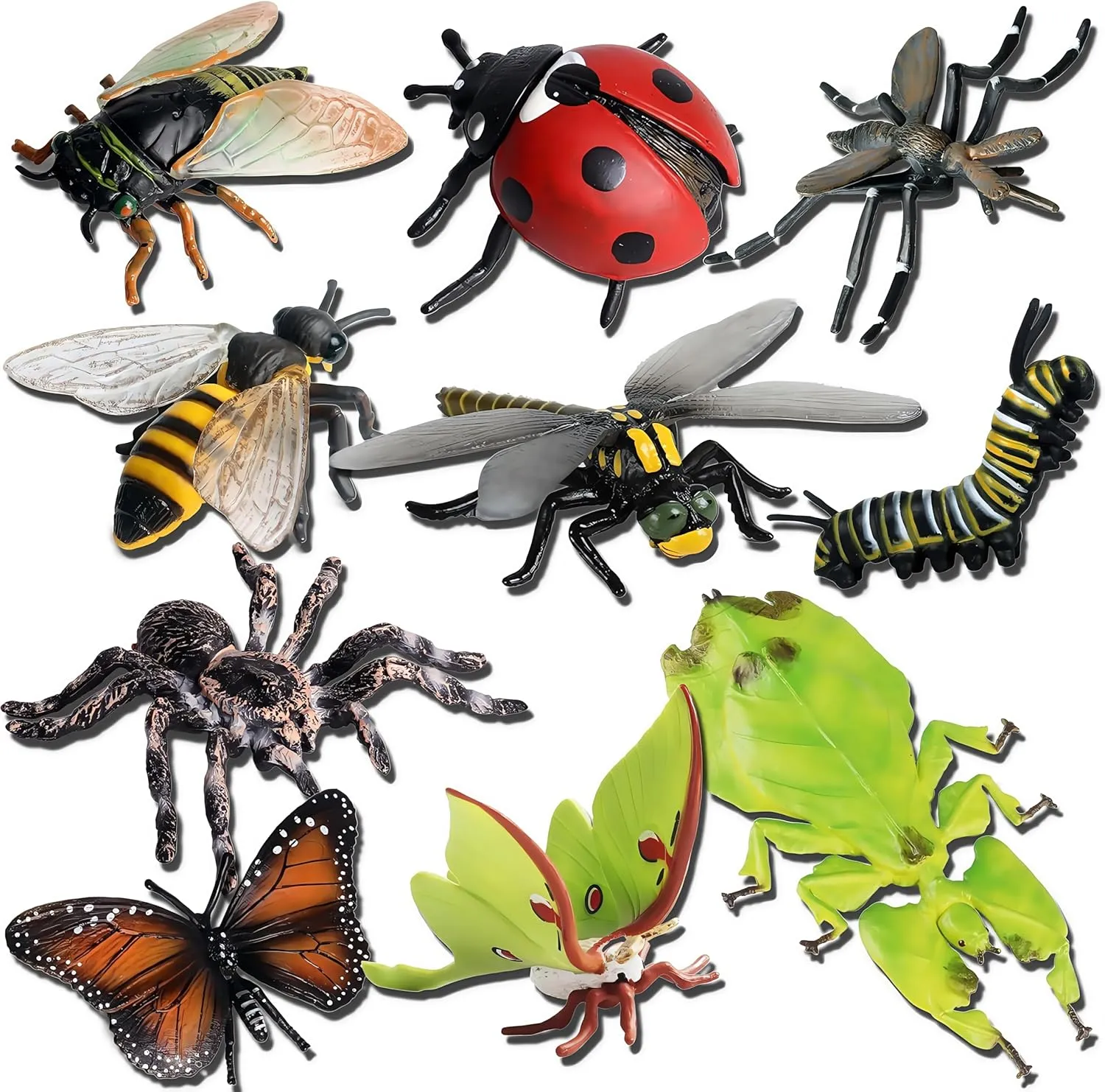 Gemini&Genius 10Pcs Bug Toys for Kids, Woodland Animals, Insect Figurines, Cicada, Ladybird, Mosquito, Bee, Dragonfly, Caterpillar, Spider, Butterfly, Phyllium, Samia Cynthia Animal Toy Gifts for Kids