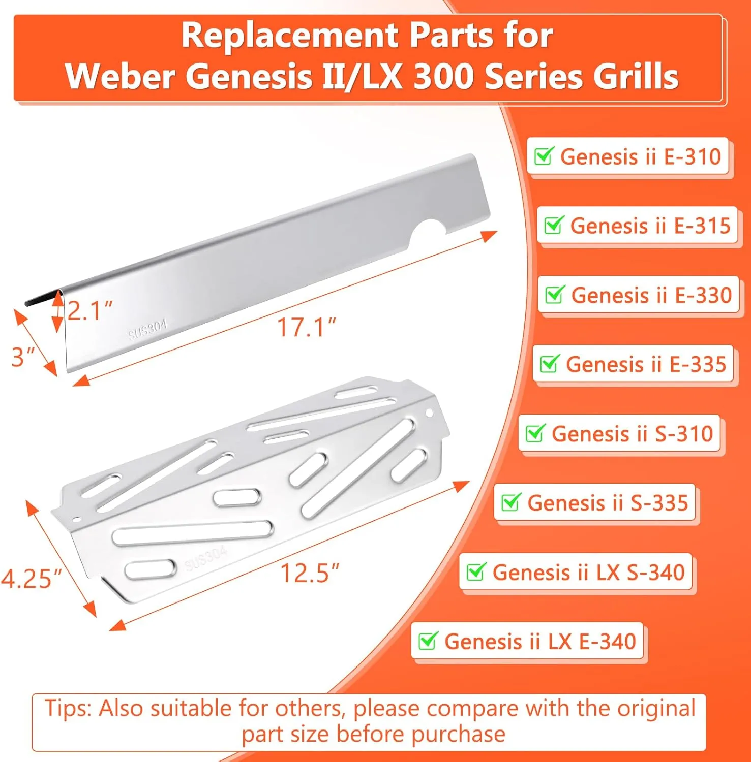 Genesis ii Flavorizer Bars Heat Deflector Replacement Parts for Weber Genesis II 300 /LX 300, GS4 Genesis II E-310 E-315 S-335 Grills, Genesis 2 Grill Parts for Weber 66795 66685, 304 Stainless Steel