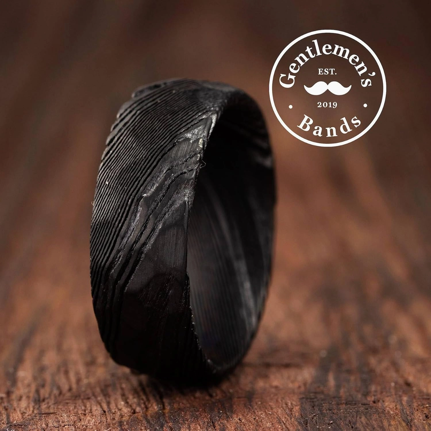 Gentlemen's Bands Men's Premium Black Damascus Steel Wedding Band with Layered Damascus Design | Wedding Ring Is Ideal Gift | Package Includes Silicon Band, Walnut Box, Leather Pouch