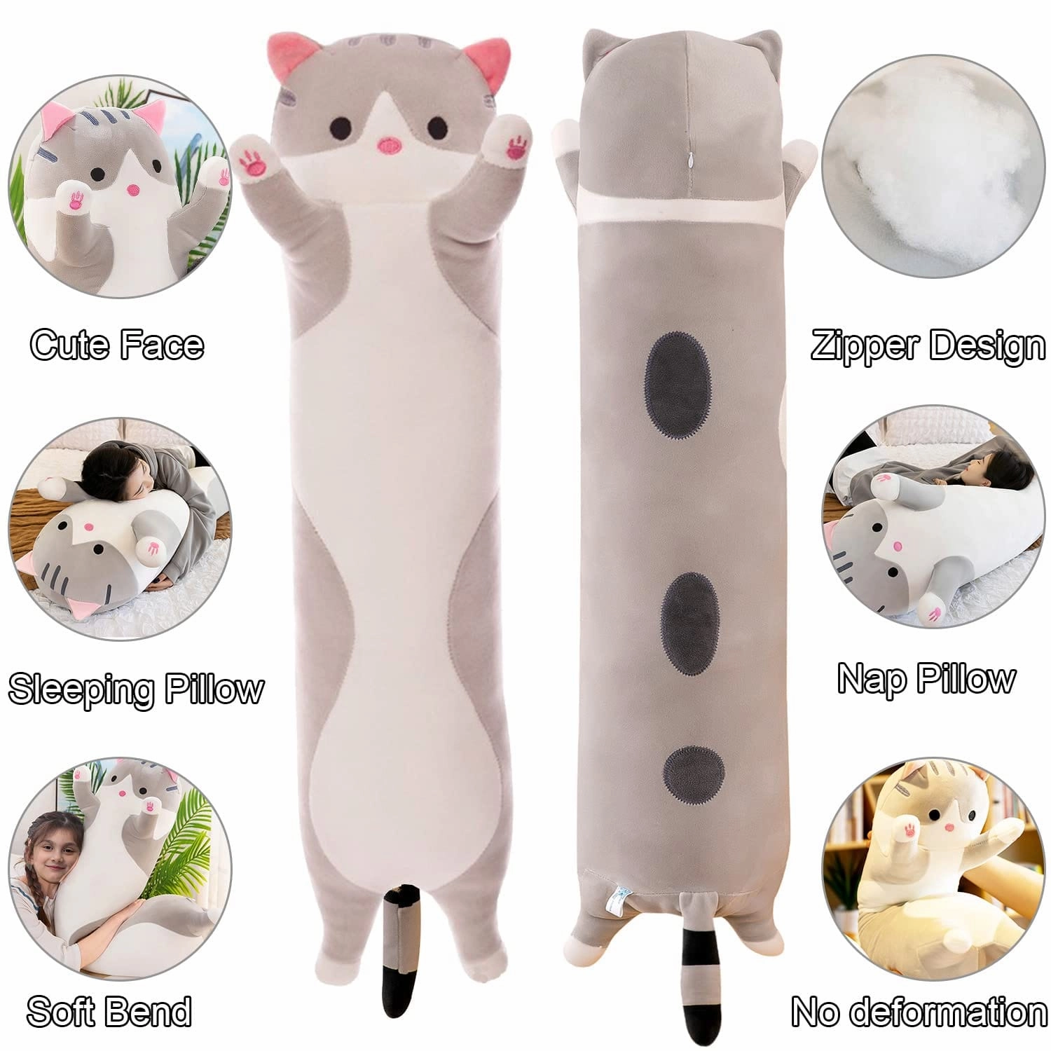 Giant Cat Pillow Plush Cartoon Kitty Sleeping Hugging Pillow, Cuddly Soft Long Kitten Body Pillow Doll Cat Cushion Toy for Kids Girlfriend (Pink, 110cm/43.3inch)