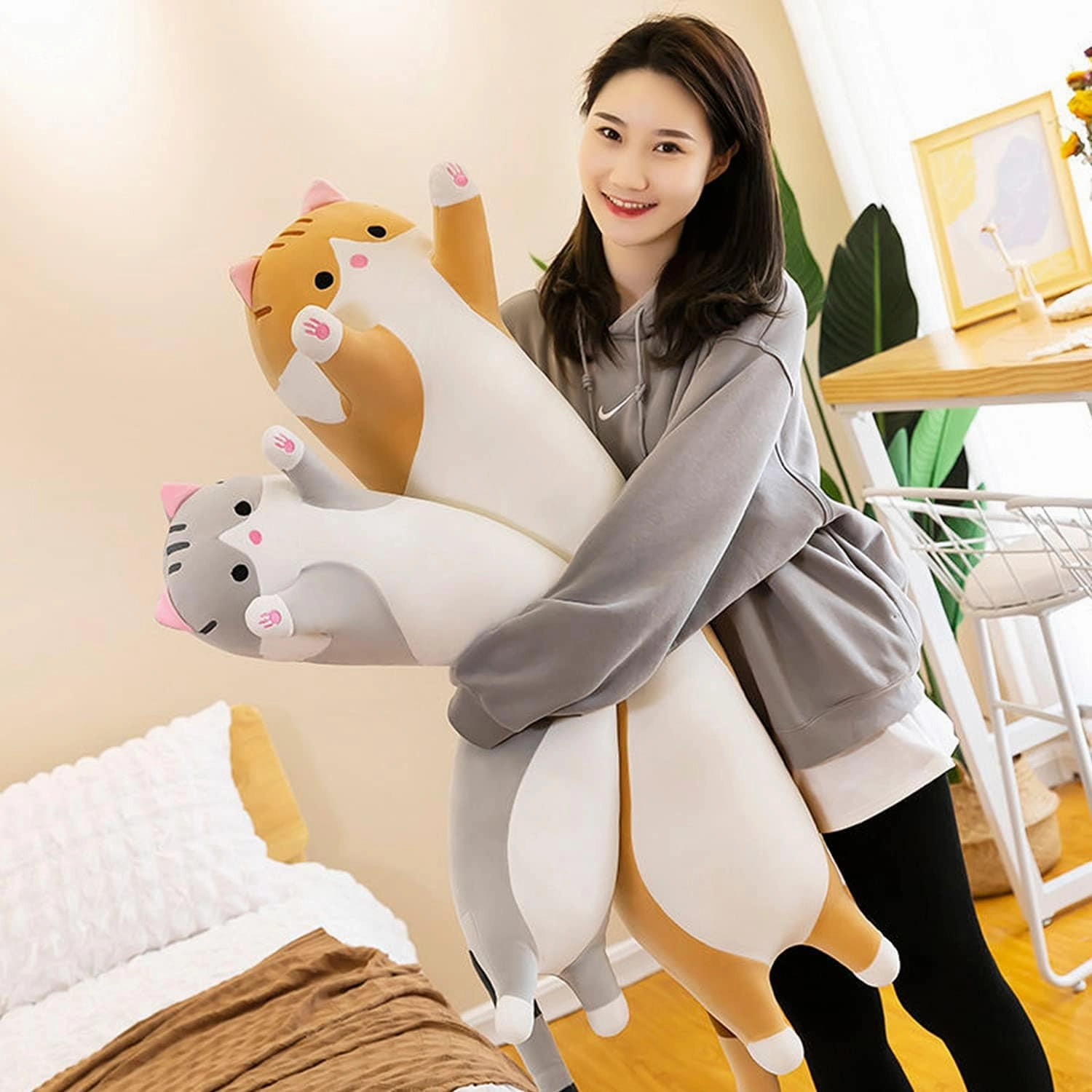 Giant Cat Pillow Plush Cartoon Kitty Sleeping Hugging Pillow, Cuddly Soft Long Kitten Body Pillow Doll Cat Cushion Toy for Kids Girlfriend (Pink, 110cm/43.3inch)