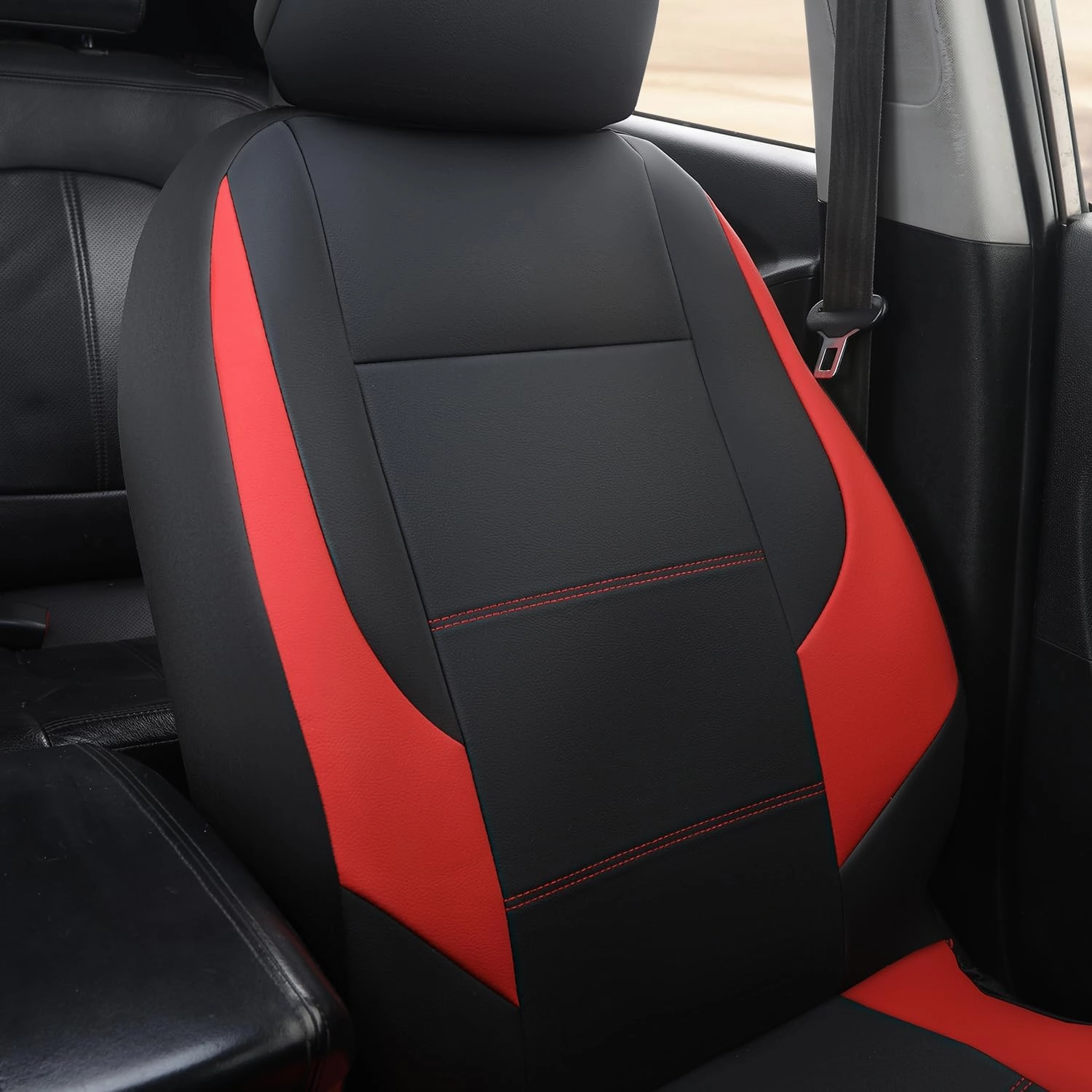GIANT PANDA Front Car Seat Cover Custom Fit Toyota Tacoma 2016 2017 2018 2019 2020 2021 2022 2023 2024 2025 Double & Crew Cab SR, SR5, Limited, TRD Pro, TRD Sport, TRD Off-Road,Faux Leather(Black Red)