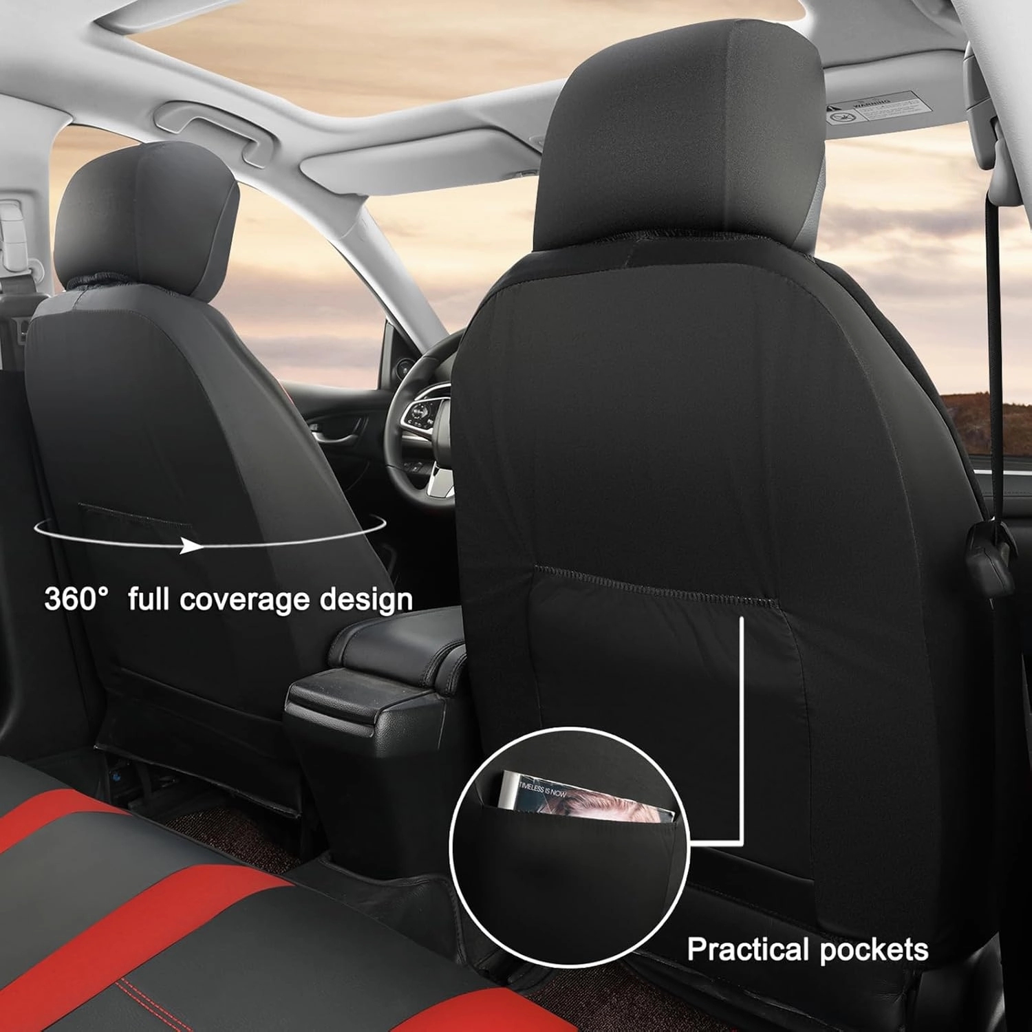 GIANT PANDA Front Car Seat Cover Custom Fit Toyota Tacoma 2016 2017 2018 2019 2020 2021 2022 2023 2024 2025 Double & Crew Cab SR, SR5, Limited, TRD Pro, TRD Sport, TRD Off-Road,Faux Leather(Black Red)