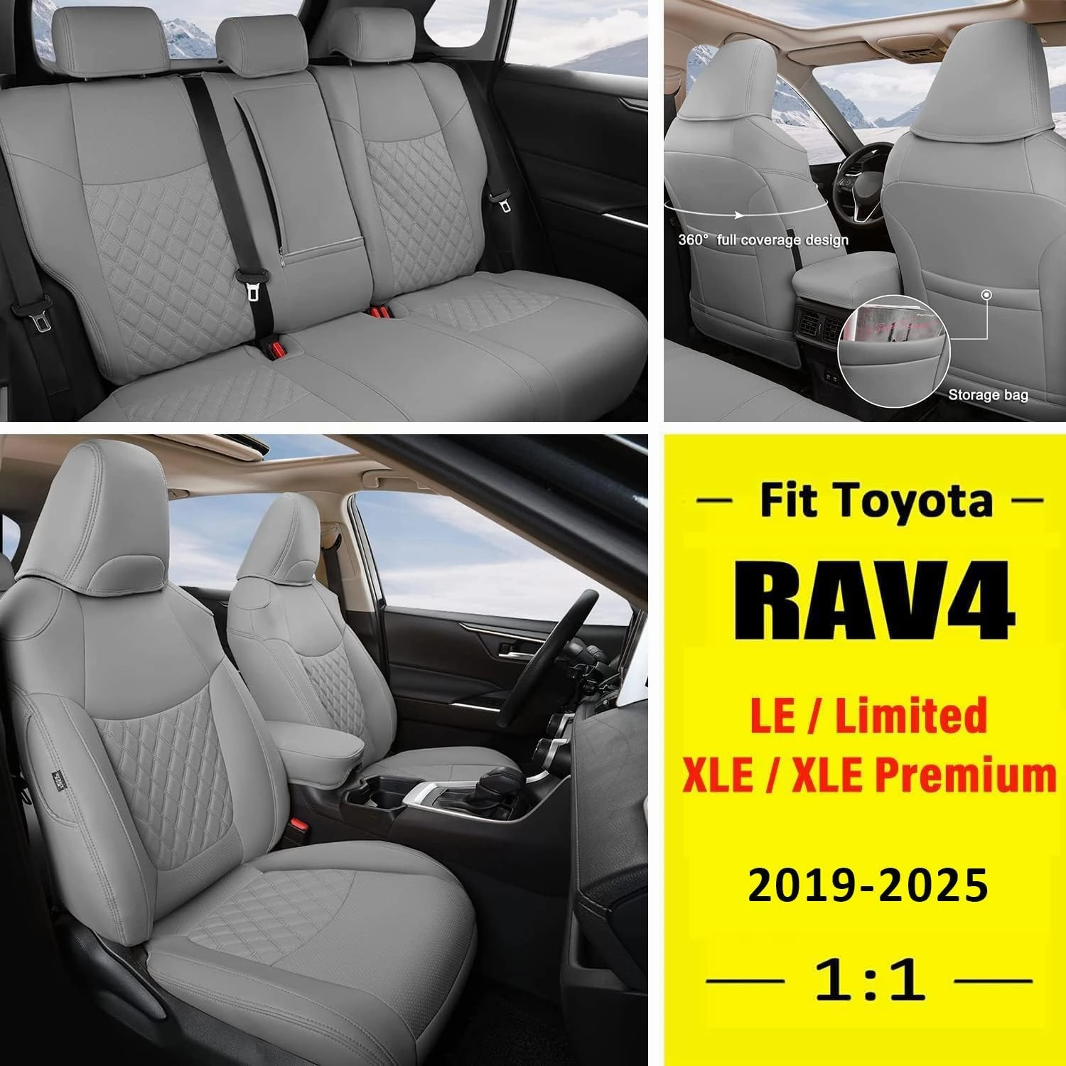 GIANT PANDA Pu Leather Car Seat Covers Full Set Custom Fit for 2019 2020 2021 2022 2023 2024 2025 Toyota RAV4 LE, XLE, XLE Premium, Limited -(Non-Hybrid & Adventure,TRD-Off Grey)