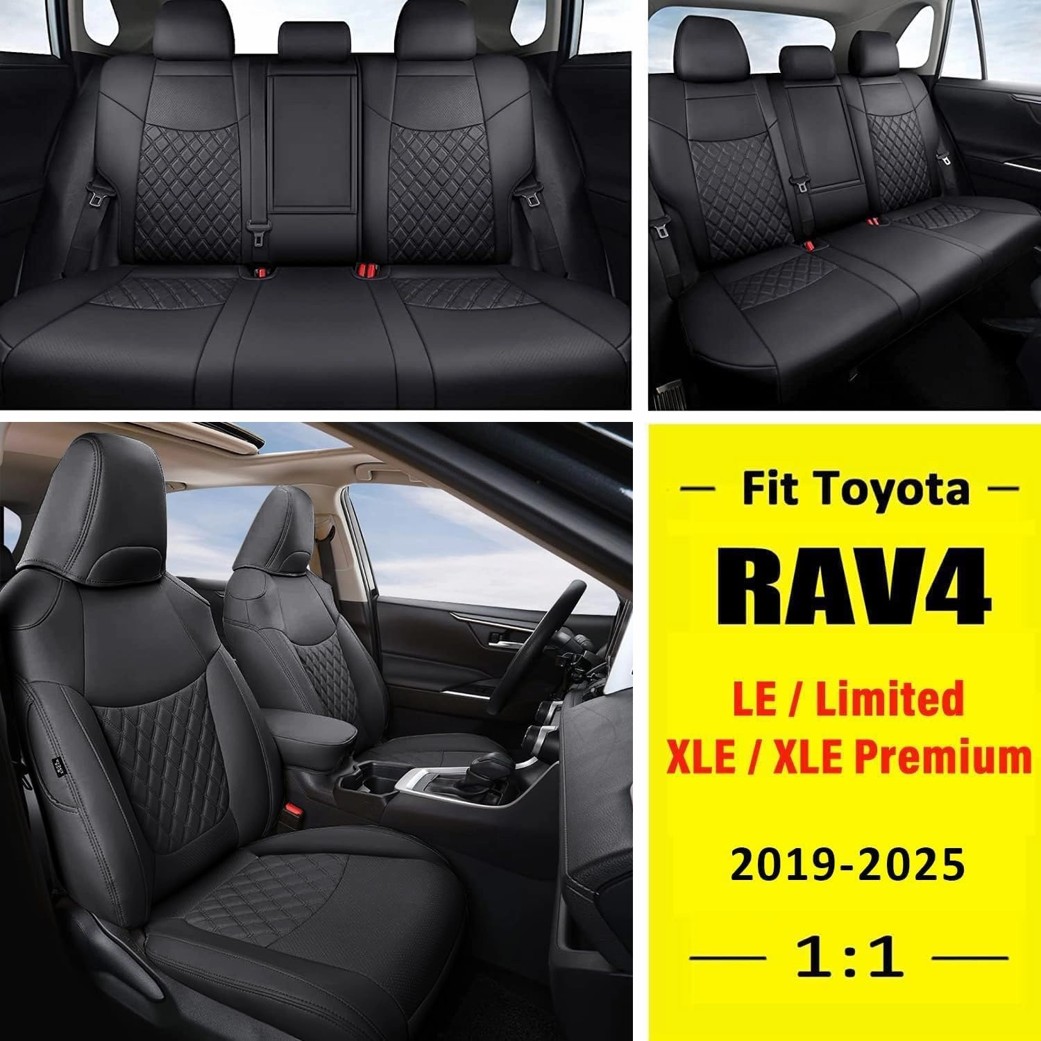 GIANT PANDA Pu Leather Car Seat Covers Full Set Custom Fit for 2019 2020 2021 2022 2023 2024 2025 Toyota RAV4 LE, XLE, XLE Premium, Limited-(Non-Hybrid & Adventure,TRD-Off Black)