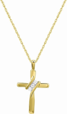 GILDED Small 10 Karat Yellow Gold Natural Round-Cut Diamond Accent 3 Stone Cross Pendant with an 18 Inch Chain