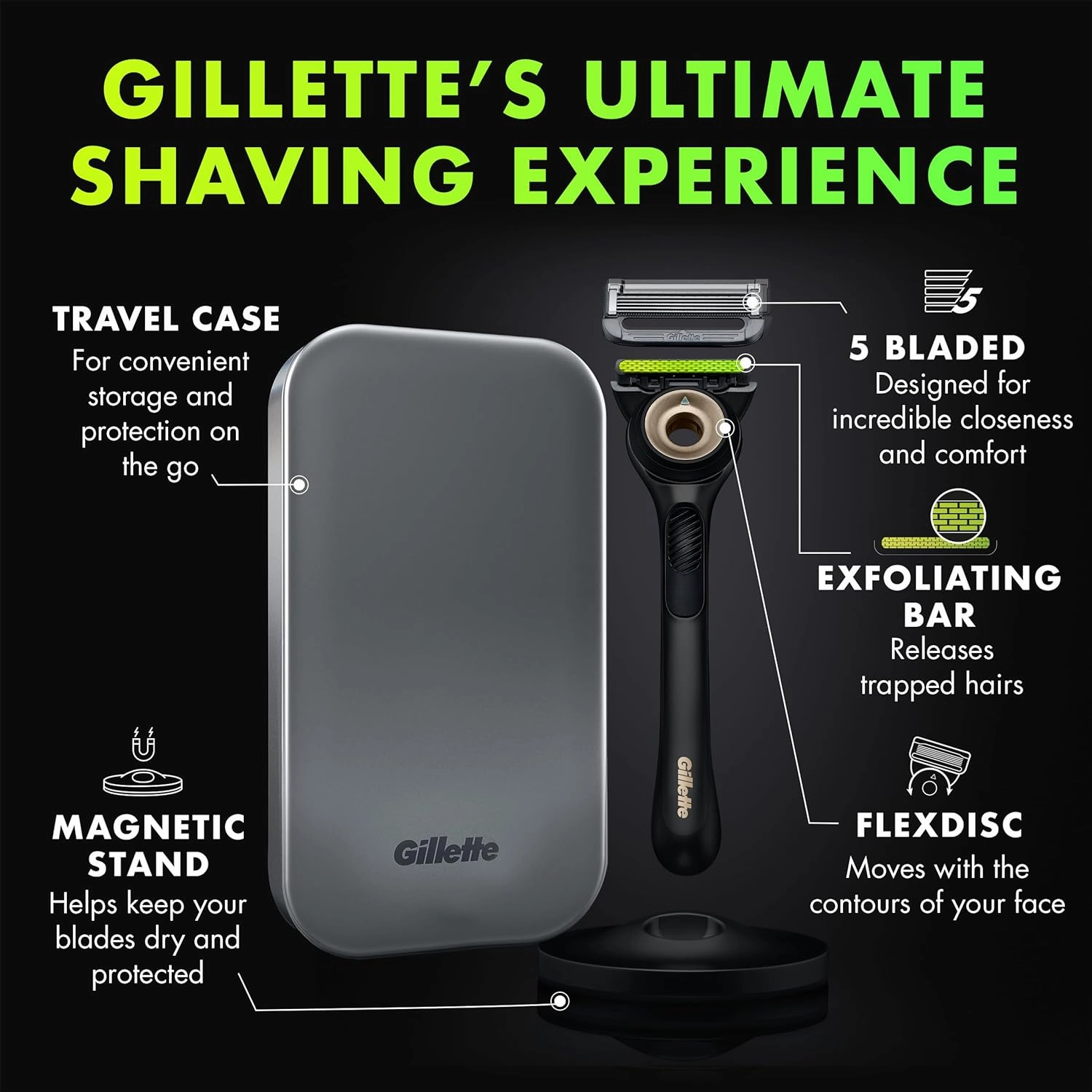 GilletteLabs with Exfoliating Bar by Gillette Mens Razor, 5 Bladed Razor, Closeness and Comfort, Includes Travel Case and Razor Stand, Handle   3 Blade Refills