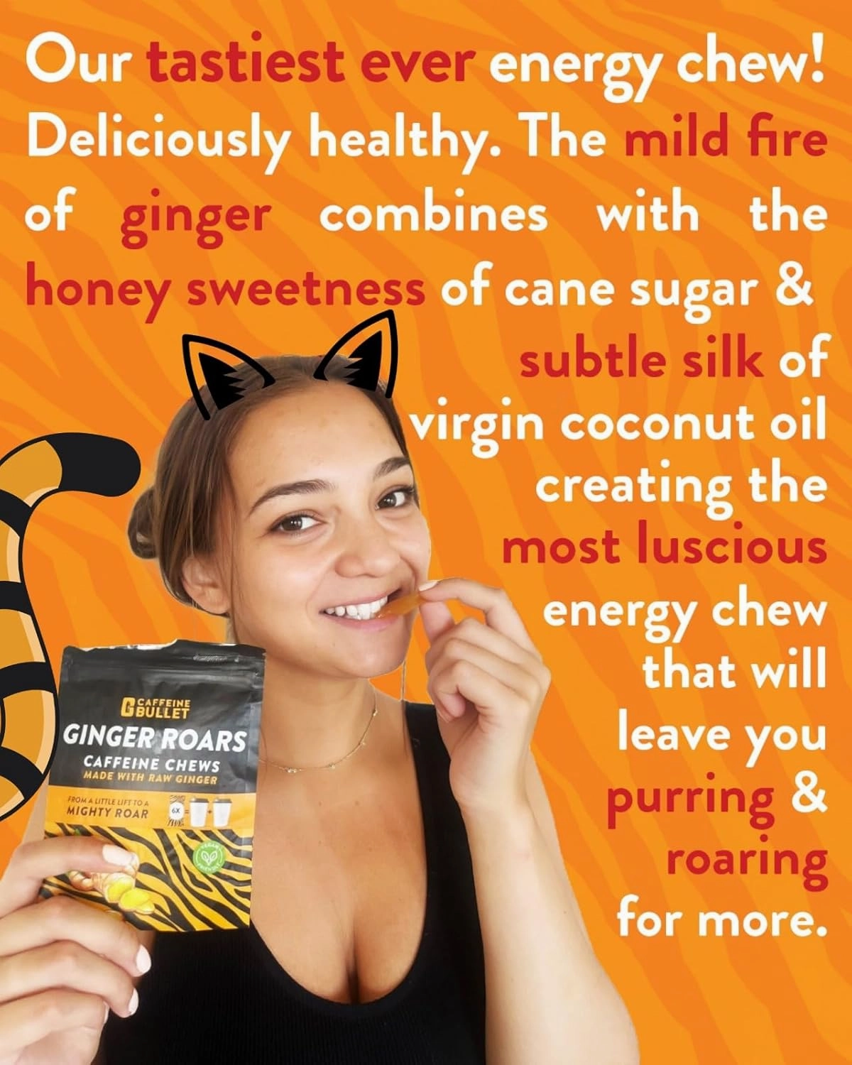 Ginger Roars - 120 Caffeine Gummies - Plant Based Caffeine Chews Each 33mg Caffeine, Made from Root Ginger with a Natural Fiery Kick for Improved Energy for Running, Cycling, preworkout & Focus.