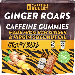 Ginger Roars - 120 Caffeine Gummies - Plant Based Caffeine Chews Each 33mg Caffeine, Made from Root Ginger with a Natural Fiery Kick for Improved Energy for Running, Cycling, preworkout & Focus.