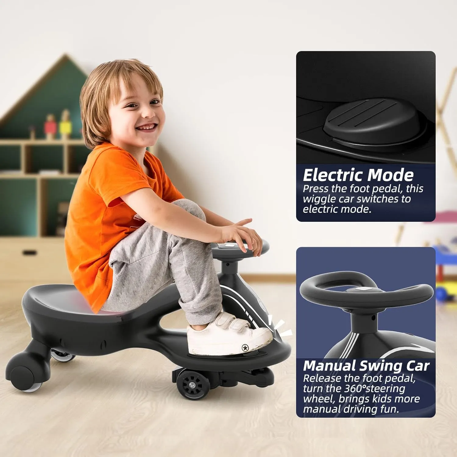 Glaf 6V Electric Wiggle Car with Pedal, Rechargable Battery, Ride On Toys Electric Kids Car 2 in 1 Swing Car with Anti-Rollover Flashing Wheels, Bluetooth, for Kids 3  Years Old Boy/Girl(Black)