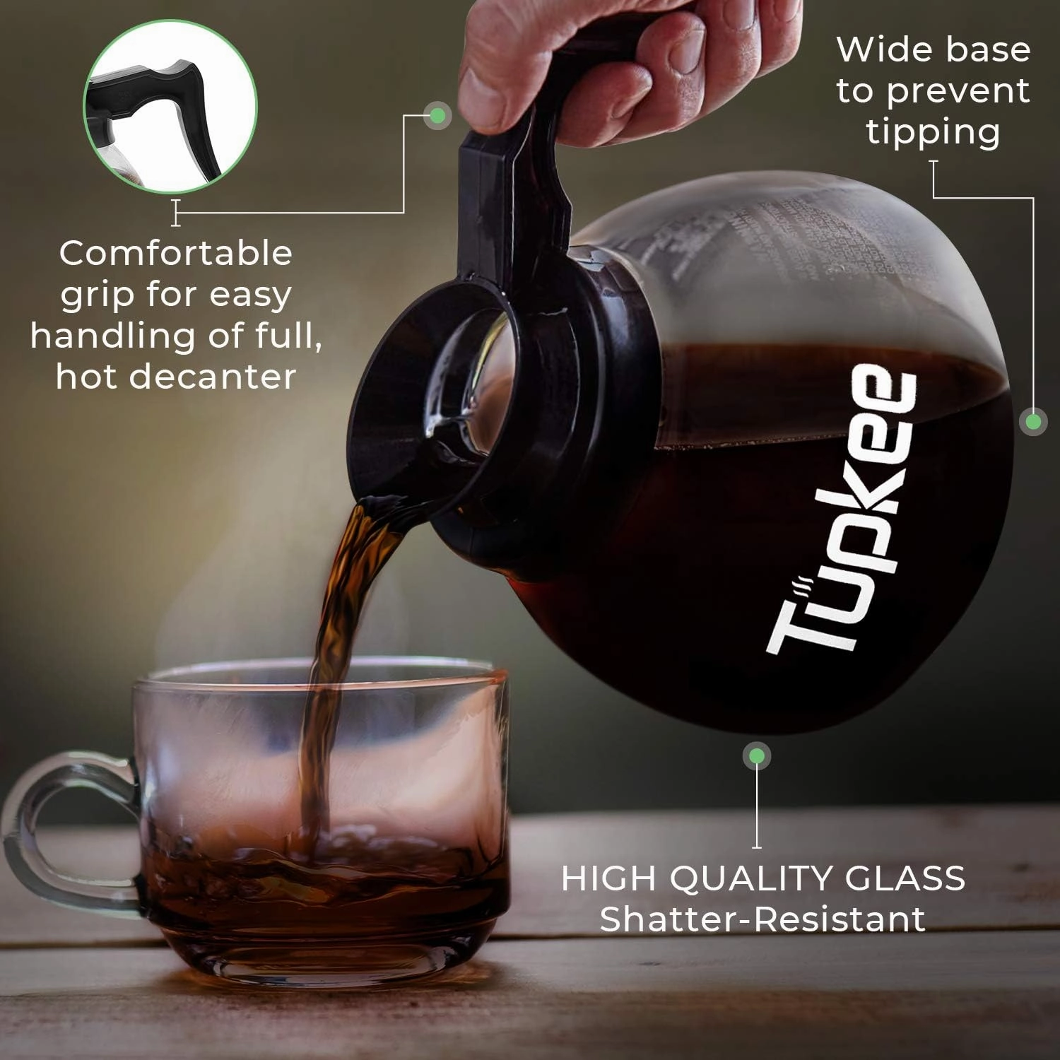 Glass Coffee Pot Replacement Carafe - SHATTER-RESISTANT Commercial Restaurant Decanter Carafe - 64 oz 12 Cup, 2 Black Handle, Set of 2, Compatible with Wilbur Curtis, Bloomfield, Bunn Coffee Pot
