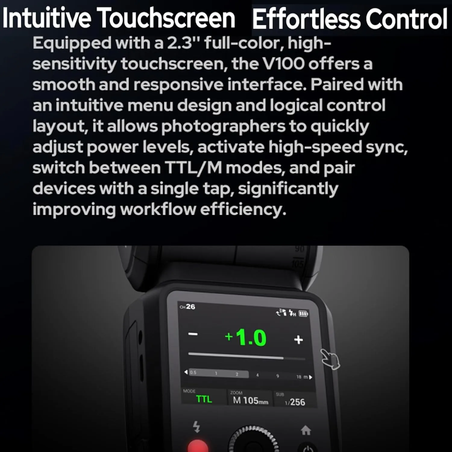 Godox V100C V100-C 100Ws TTL Flash for Canon Cameras, 400 Full Power Flashes, 1.7s Recycle Time, 2.4G Wireless with External Flash, Touchscreen Flash for Canon EOS Cameras (Godox V100C USA Version)