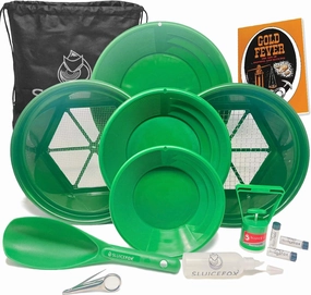 Gold panning kit for gold prospecting; 11 pc set   Bonus includes 3 gold pans; 2 gold classifiers; paydirt scoop small plastic gold shovel; snifter bottle; black sand gold magnet and Gold Fever book!