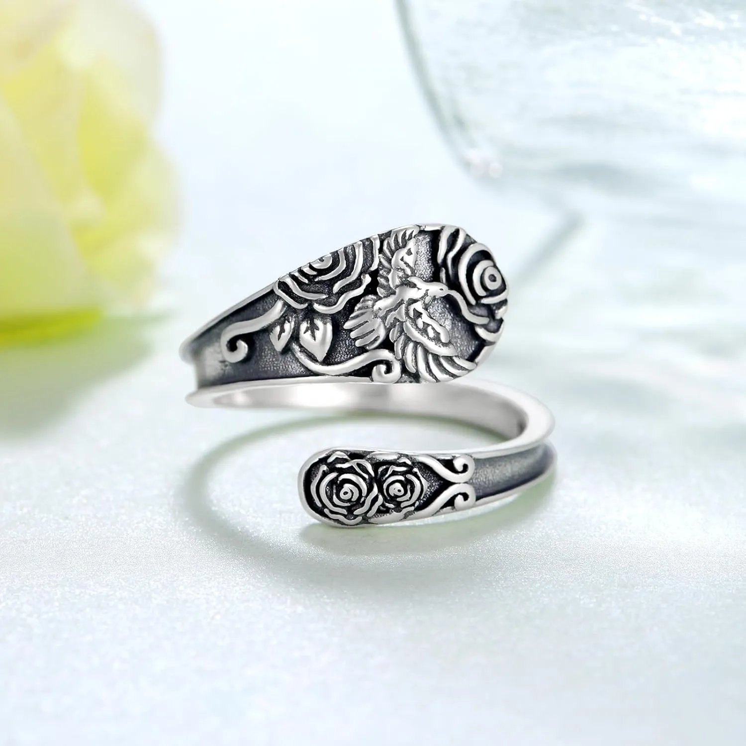 Goth Spoon Rings 925 Sterling Silver Crow/Raven/Phoenix Spoon Ring Thumb Rings for Women Vintage Crow Jewelry Gifts