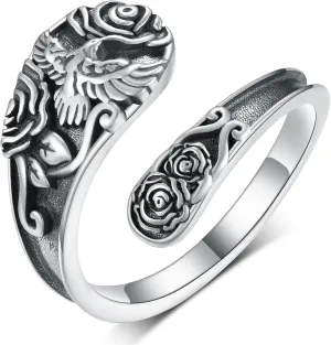 Goth Spoon Rings 925 Sterling Silver Crow/Raven/Phoenix Spoon Ring Thumb Rings for Women Vintage Crow Jewelry Gifts