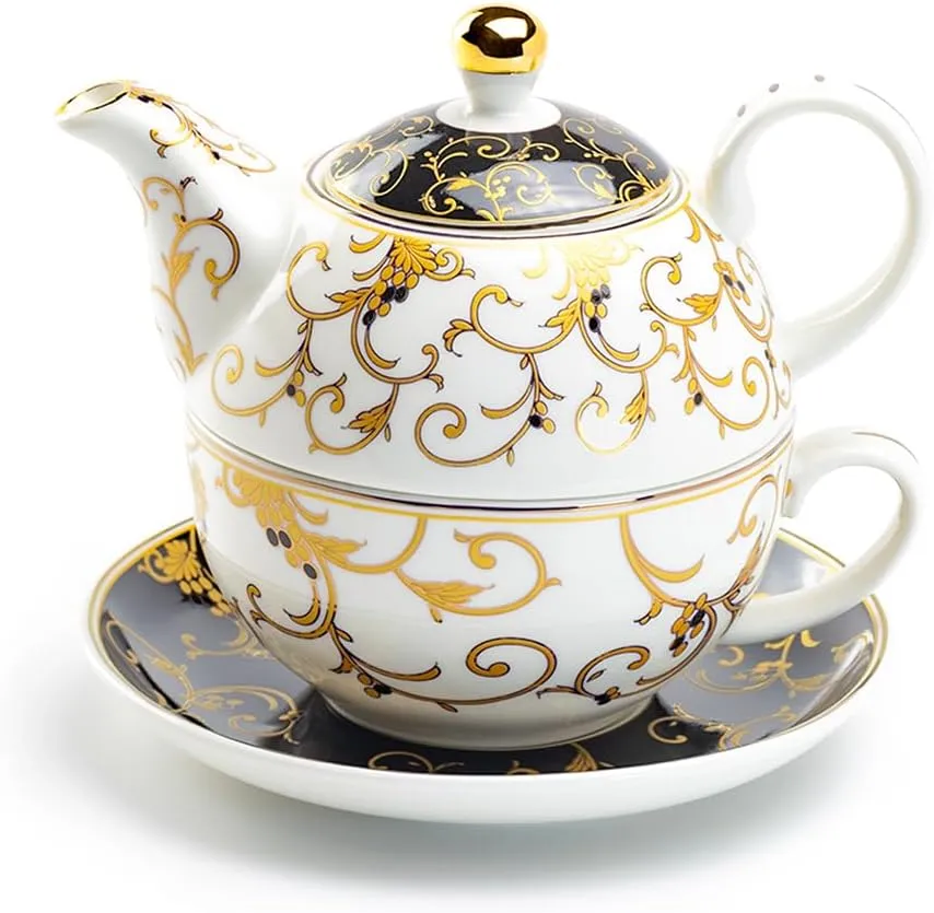 Grace Teaware Gold Scroll Fine Porcelain Tea For One Set (Black), Regular