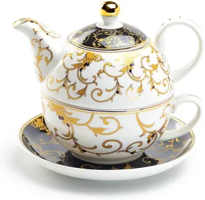 Grace Teaware Gold Scroll Fine Porcelain Tea For One Set (Black), Regular