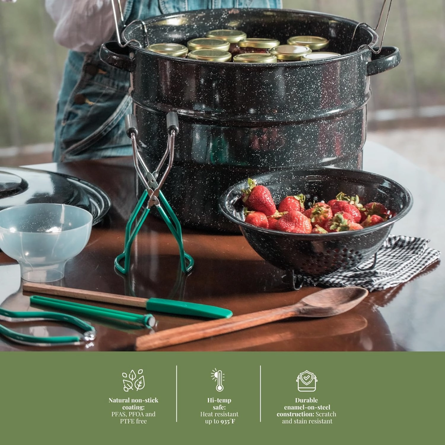 Granite Ware 9 Piece Enamelware Water bath Canning Pot with Canning kit, Colander and Rack. Canning Supplies Starter Kit.