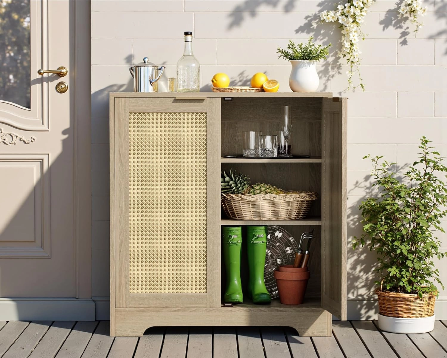 Greesum Outdoor Storage Cabinet, Wooden Ratten Cabinet with Magnetic Doors,Used for Outdoor Storage, Buffet Cabinet, TV Stand, Bar Table,(1PCS, Beige)