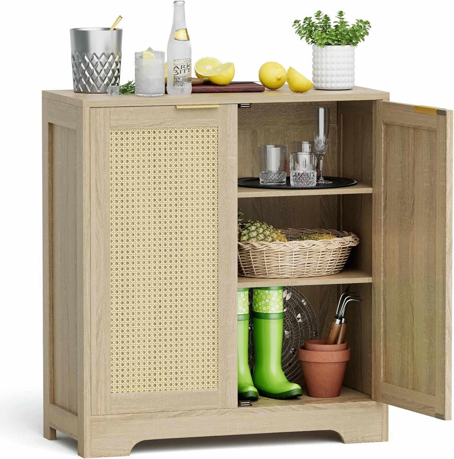 Greesum Outdoor Storage Cabinet, Wooden Ratten Cabinet with Magnetic Doors,Used for Outdoor Storage, Buffet Cabinet, TV Stand, Bar Table,(1PCS, Beige)