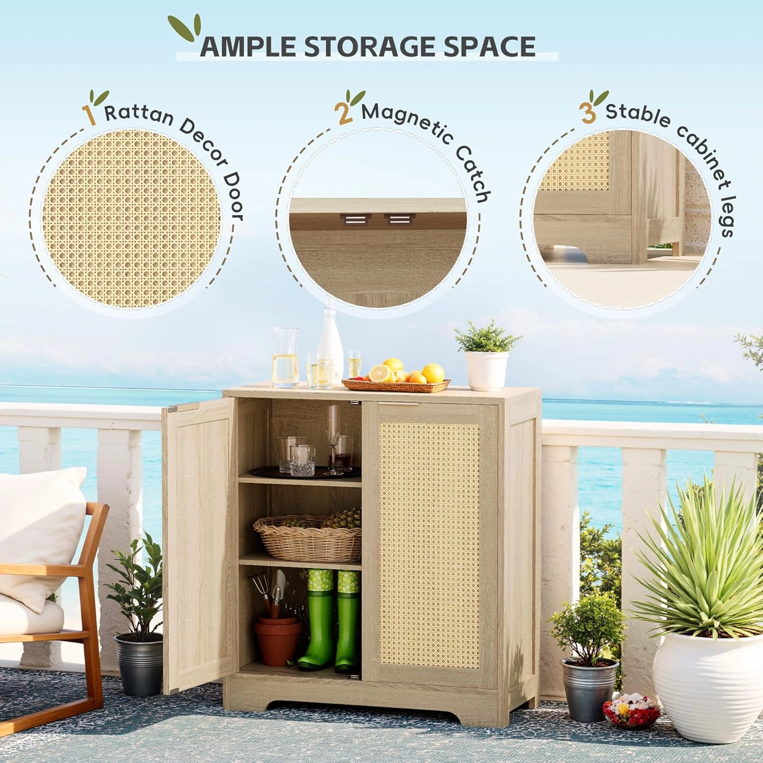 Greesum Outdoor Storage Cabinet, Wooden Ratten Cabinet with Magnetic Doors,Used for Outdoor Storage, Buffet Cabinet, TV Stand, Bar Table,(1PCS, Beige)