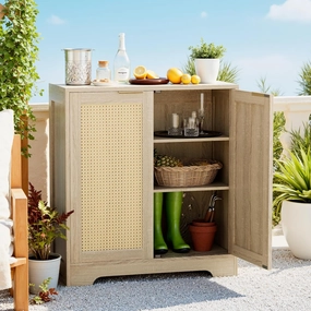 Greesum Outdoor Storage Cabinet, Wooden Ratten Cabinet with Magnetic Doors,Used for Outdoor Storage, Buffet Cabinet, TV Stand, Bar Table,(1PCS, Beige)