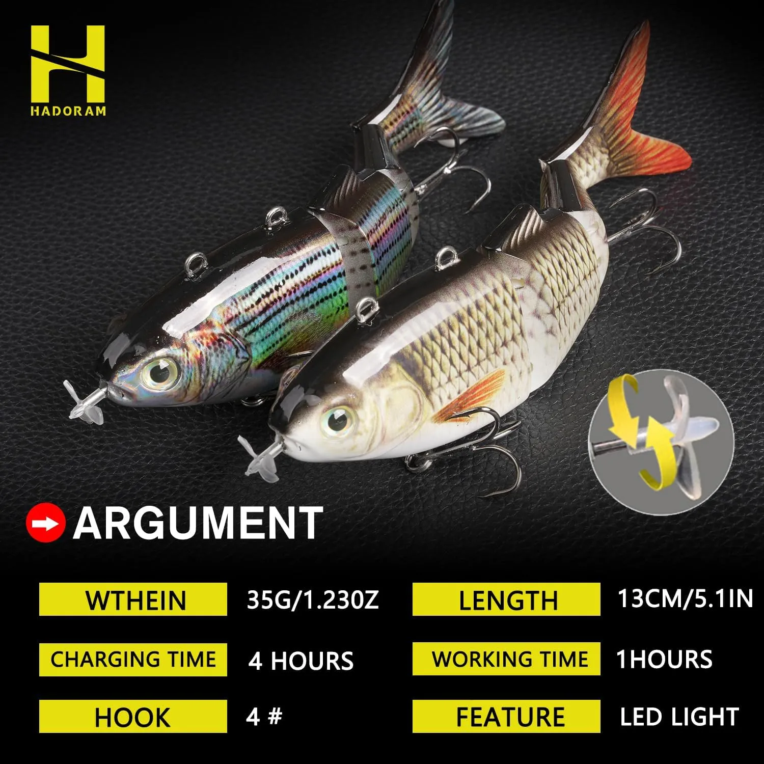 HADORAM Robotic Swimming Lure 5.1” Fishing Lure 4-Segement Multi Jointed Swimbait Electric Bait LED Light USB Rechargeable for Bass Trout Pike Fishing Tackle