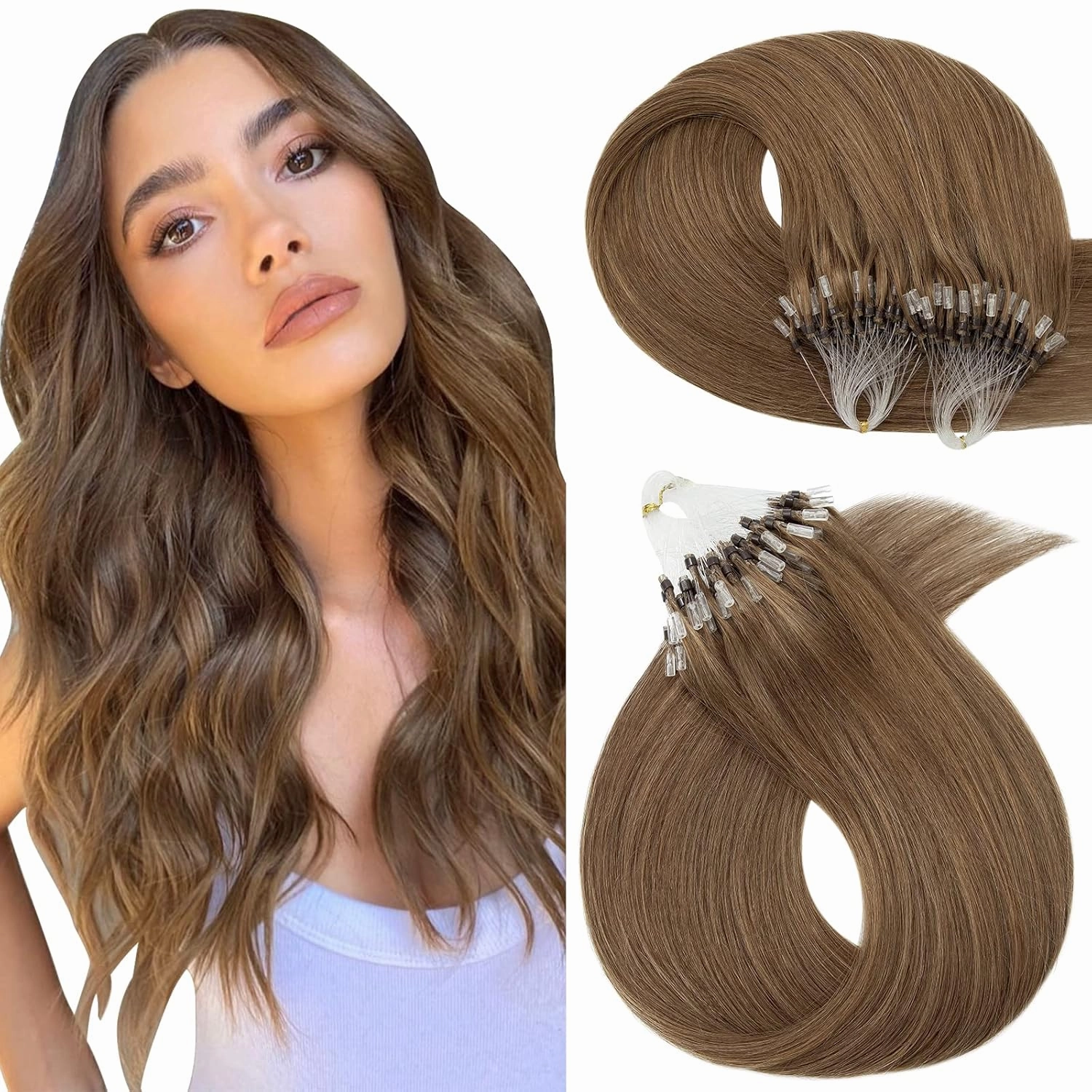 Hairro Microbead Human Hair Extensions Micro Beaded Hair Microlinks Pre Bonded Cold Fusion I Tip Micro Loop Hair For Women 14 inch 50g 100 Strands #06 Light Brown