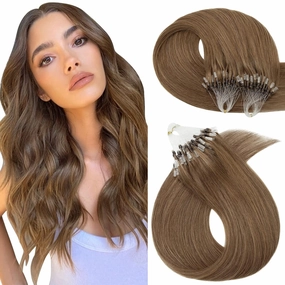 Hairro Microbead Human Hair Extensions Micro Beaded Hair Microlinks Pre Bonded Cold Fusion I Tip Micro Loop Hair For Women 14 inch 50g 100 Strands #06 Light Brown