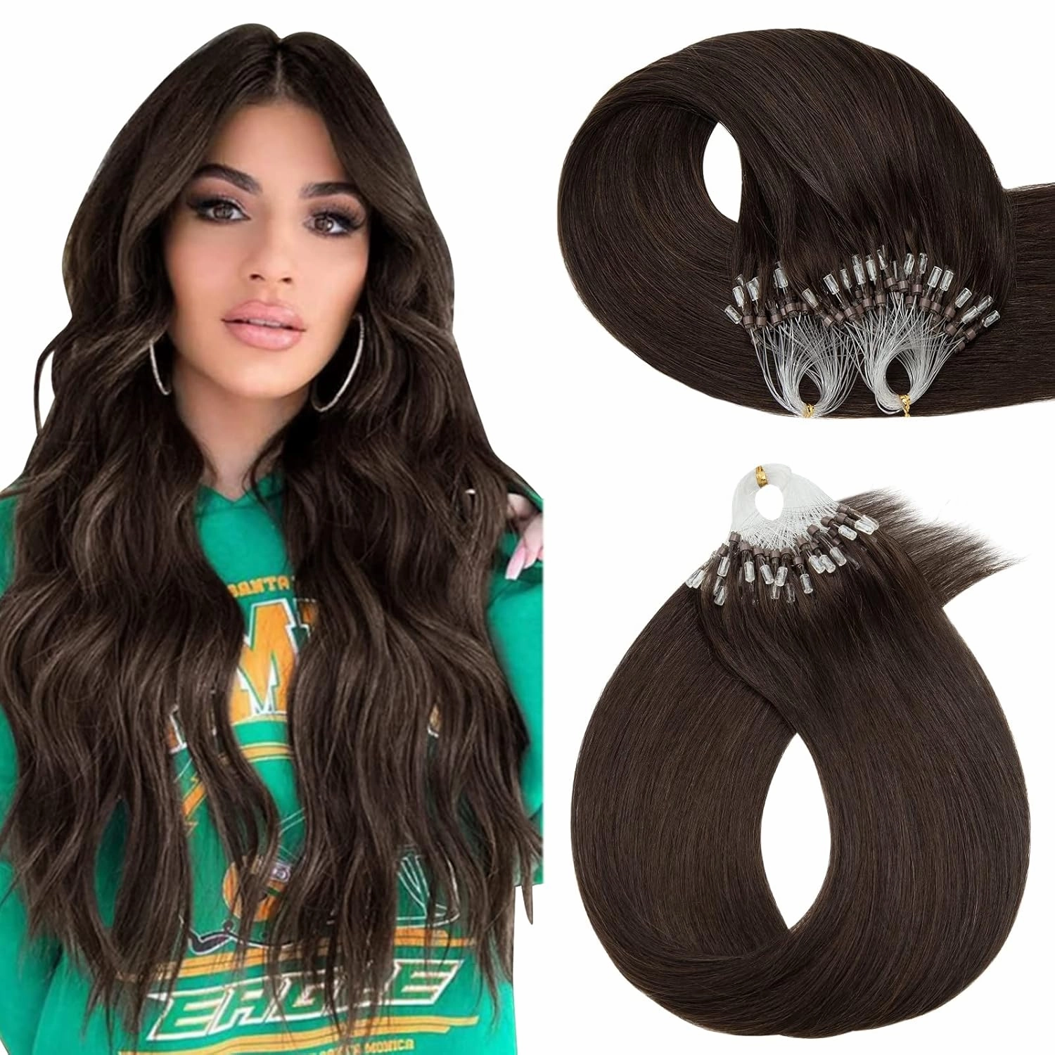 Hairro Microlinks Hair Extensions Human Hair Micro Loop Pre Bonded Cold Fusion Keratin Stick Micro Bead Hair Extension For Women 14 inch 50g 100 Strands #02 Dark Brown