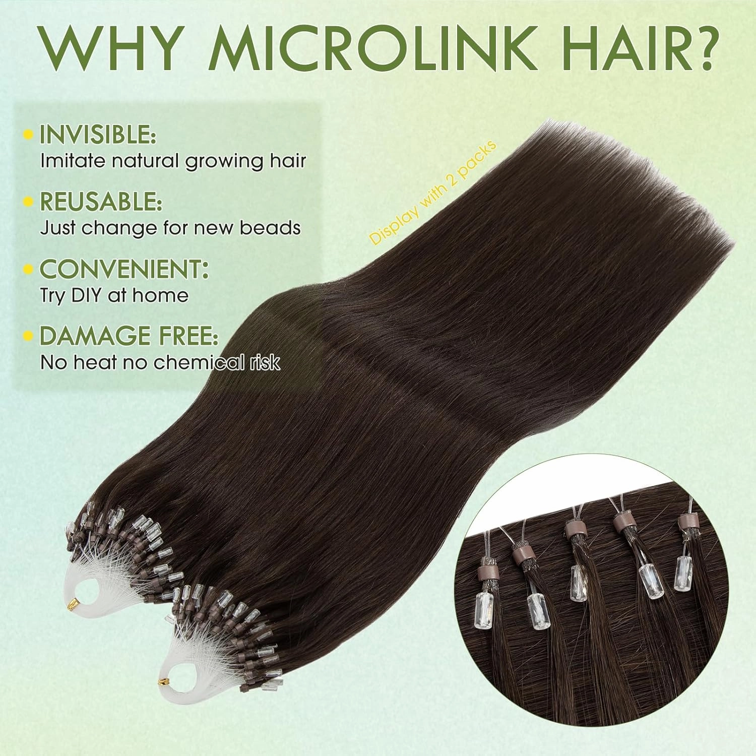 Hairro Microlinks Hair Extensions Human Hair Micro Loop Pre Bonded Cold Fusion Keratin Stick Micro Bead Hair Extension For Women 14 inch 50g 100 Strands #02 Dark Brown