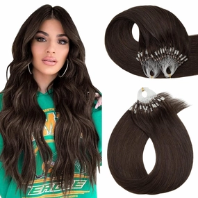 Hairro Microlinks Hair Extensions Human Hair Micro Loop Pre Bonded Cold Fusion Keratin Stick Micro Bead Hair Extension For Women 14 inch 50g 100 Strands #02 Dark Brown