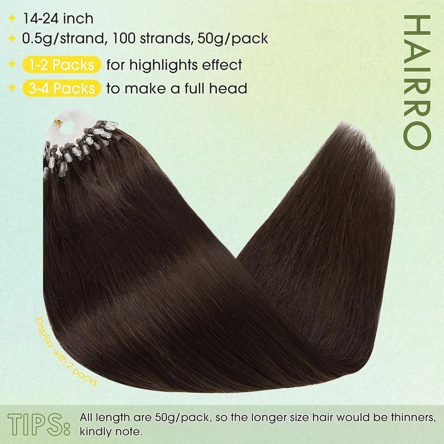 Hairro Microlinks Hair Extensions Human Hair Micro Loop Pre Bonded Cold Fusion Keratin Stick Micro Bead Hair Extension For Women 14 inch 50g 100 Strands #02 Dark Brown