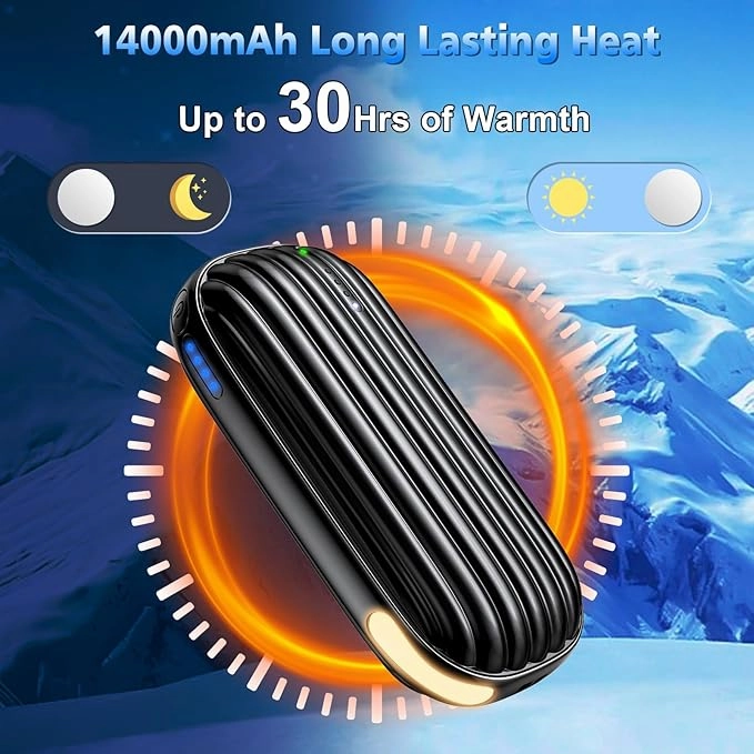 Hand Warmers Rechargeable - 14000mAh Rechargeable Hand Warmers 2 Pack, 15Hrs Warmth Heat Up to 131℉ with LED Light, USB Electric Heated Hand Warmers Reusable Power Bank for Golf, Raynauds, Camping