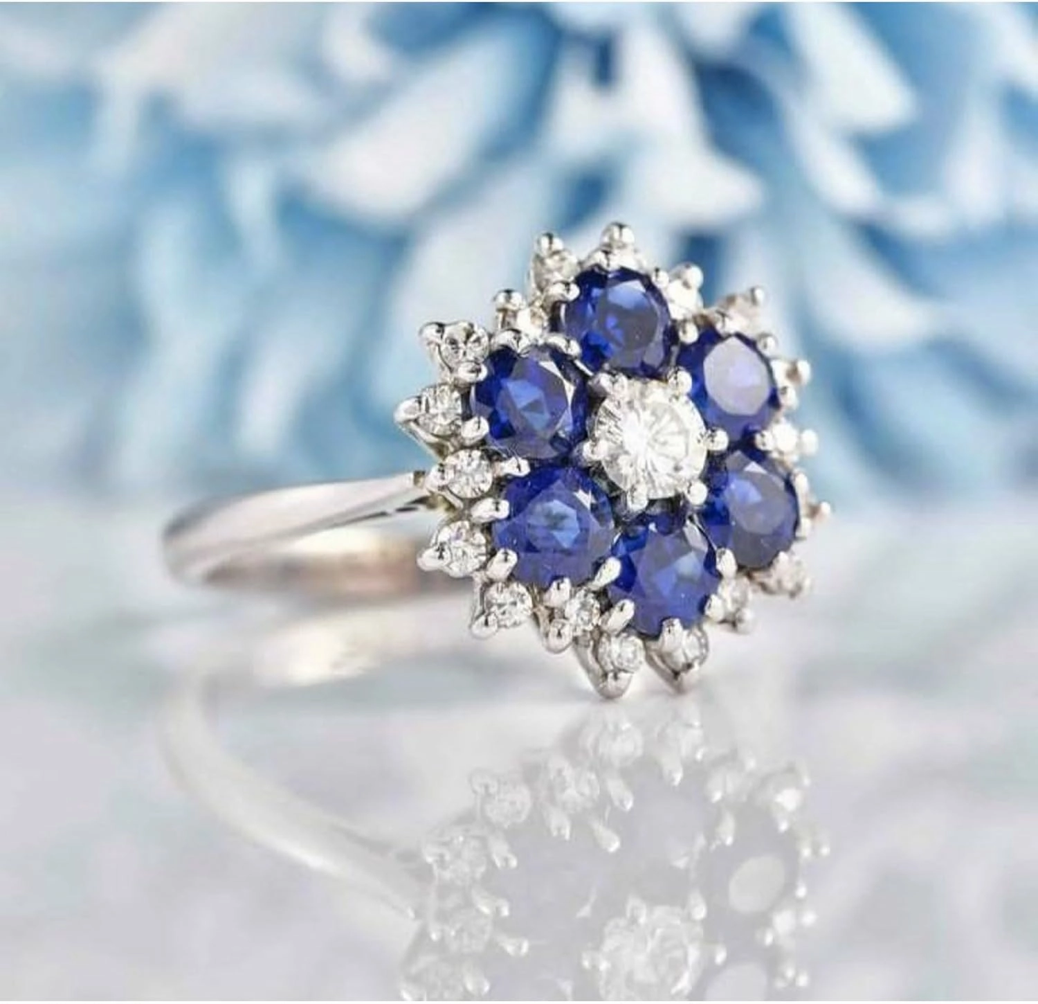 Handmade Unique Blue Sapphire Cluster Flower Ring, 925 Sterling Silver Sapphire Halo Engagement Ring, Wedding Jewelry Gift for Her