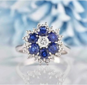 Handmade Unique Blue Sapphire Cluster Flower Ring, 925 Sterling Silver Sapphire Halo Engagement Ring, Wedding Jewelry Gift for Her