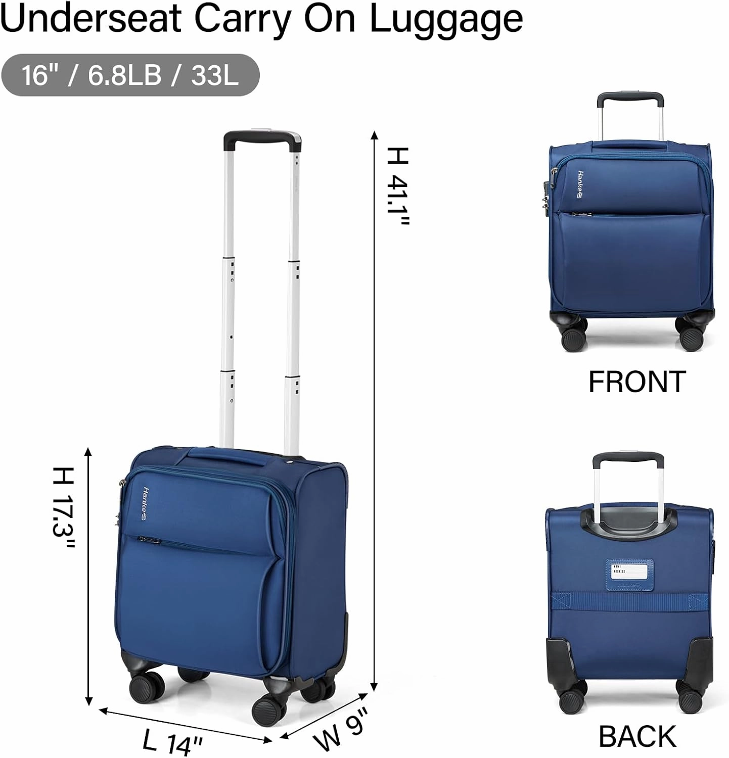 Hanke 16 Inch Underseat Carry On Luggage with Spinner Wheels Airline Approved, Small Rolling Suitcase Softside Underseater Lightweight TSA Travel Roller Suitcase Carry-On Bag(Blue)