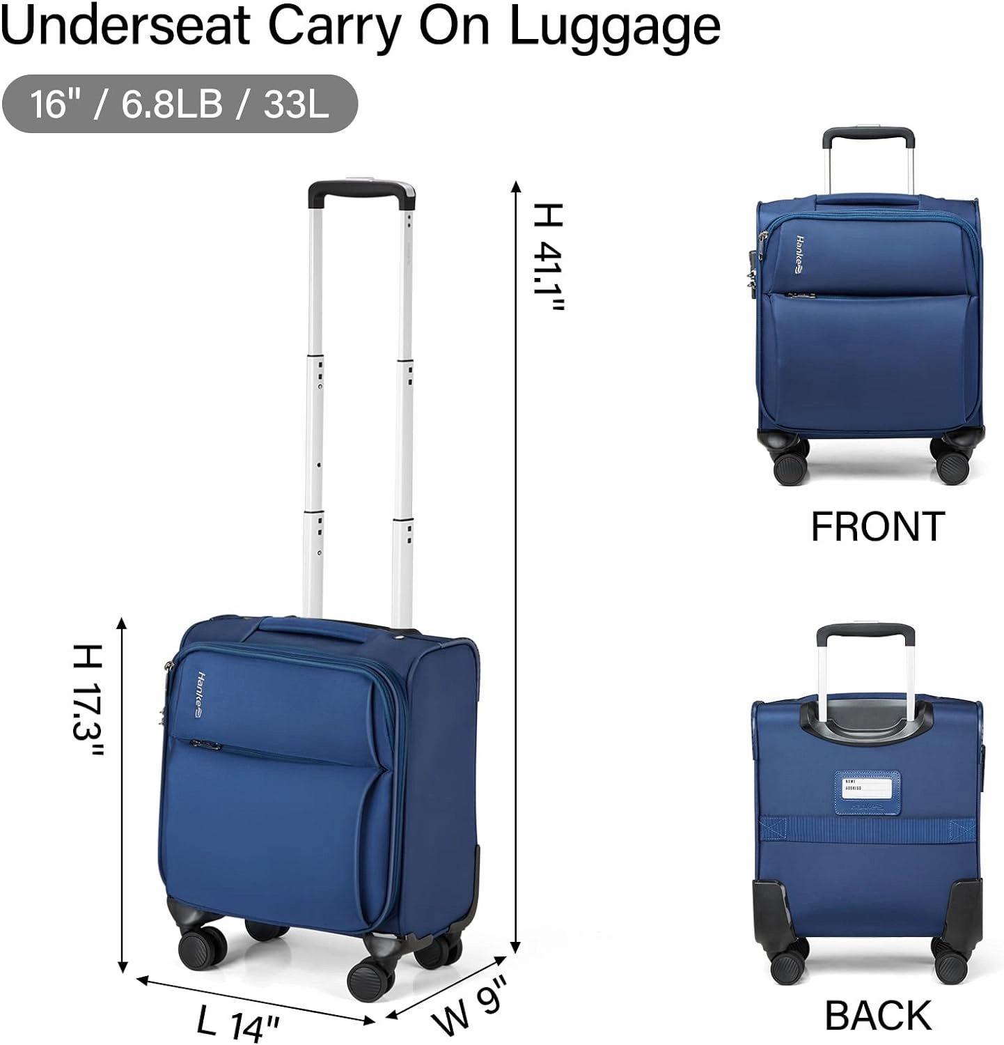 Hanke 16 Inch Underseat Carry On Luggage with Spinner Wheels for Airline, Small Softside TSA Approved Luggage Lightweight Rolling Suitcases Under Seat Travel Carry-On Bag(Blue)