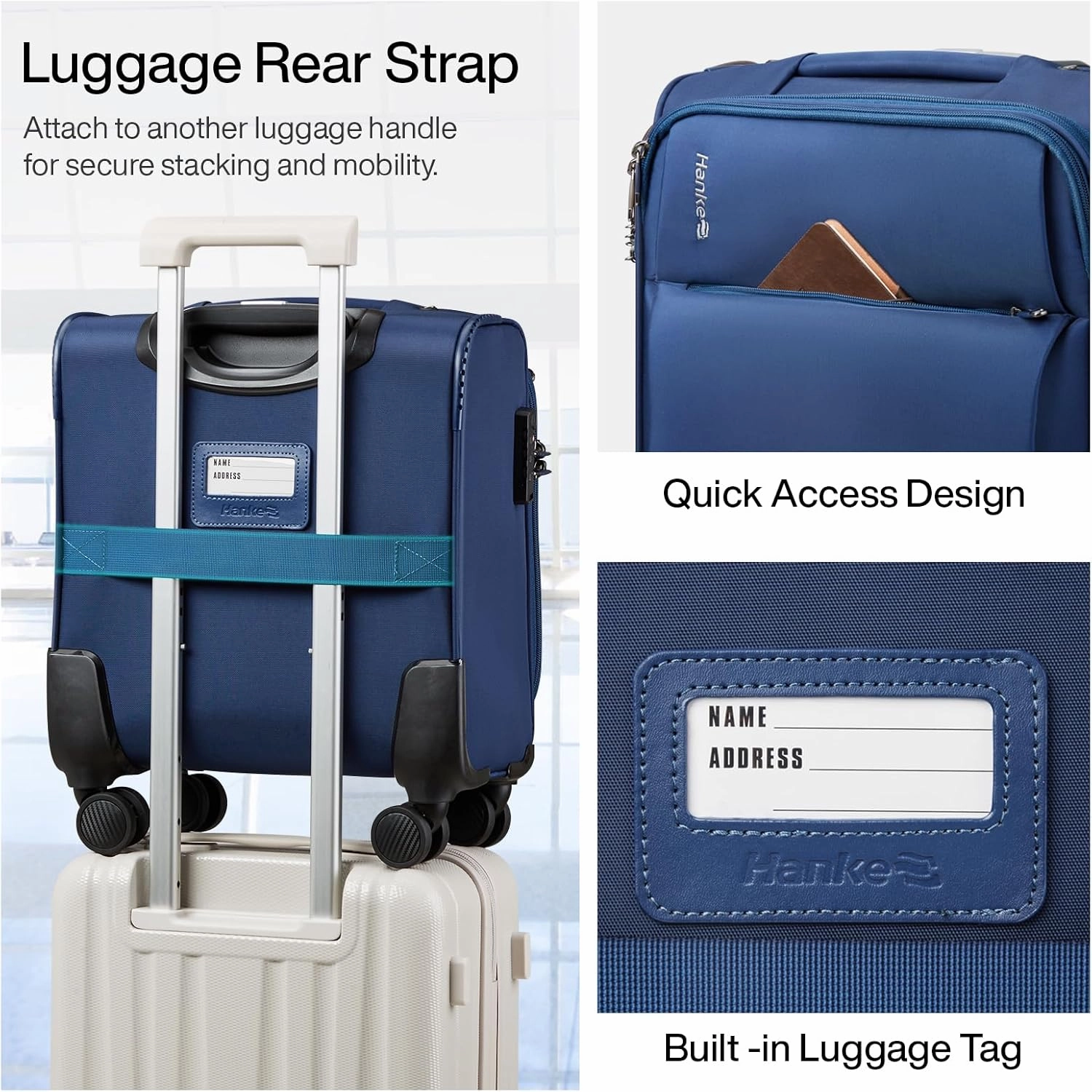 Hanke 16 Inch Underseat Carry On Luggage with Spinner Wheels for Airline, Small Softside TSA Approved Luggage Lightweight Rolling Suitcases Under Seat Travel Carry-On Bag(Blue)