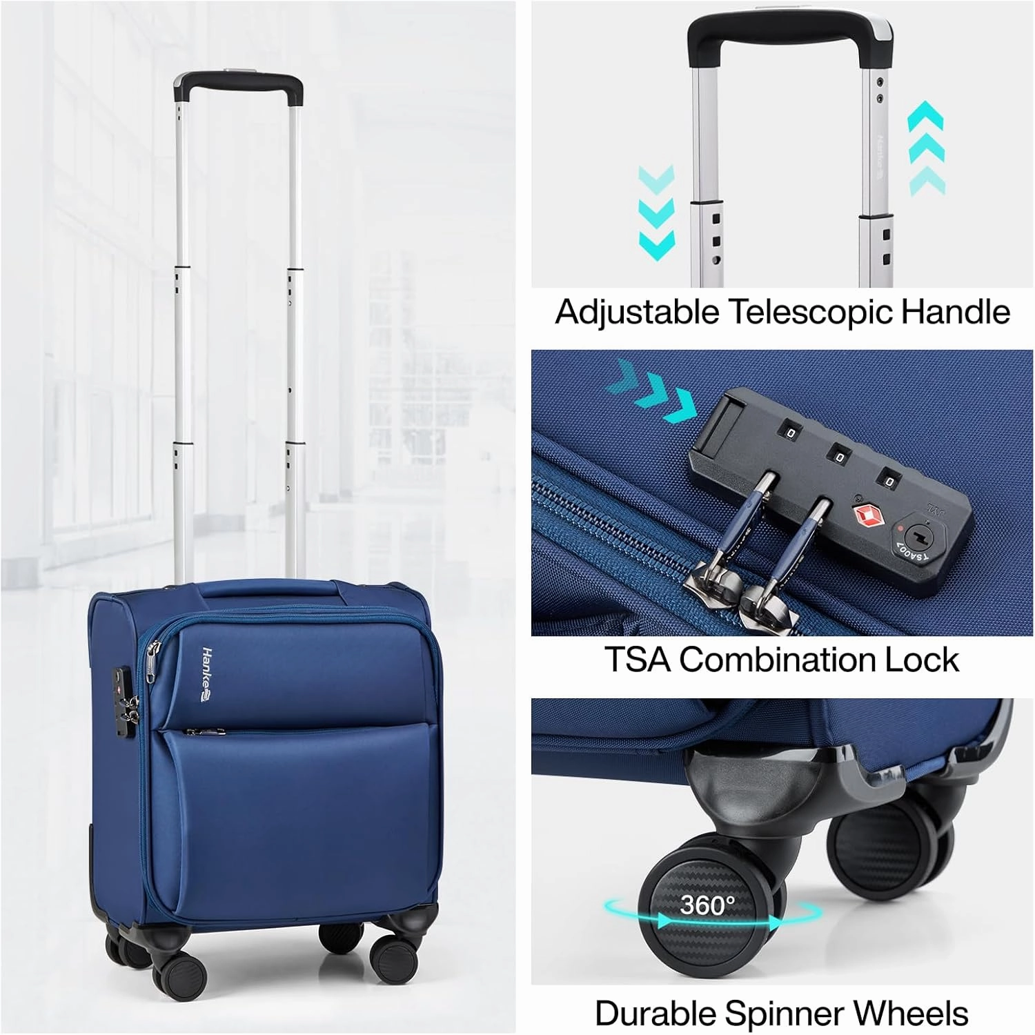 Hanke 16 Inch Underseat Carry On Luggage with Spinner Wheels for Airline, Small Softside TSA Approved Luggage Lightweight Rolling Suitcases Under Seat Travel Carry-On Bag(Blue)