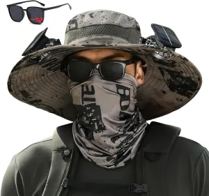 Hat with Fans Solar Power, Sun Hat with Solar Powered Fans, Wide Brim Solar Fan Outdoor Fishing Hat-Solar & USB Charging