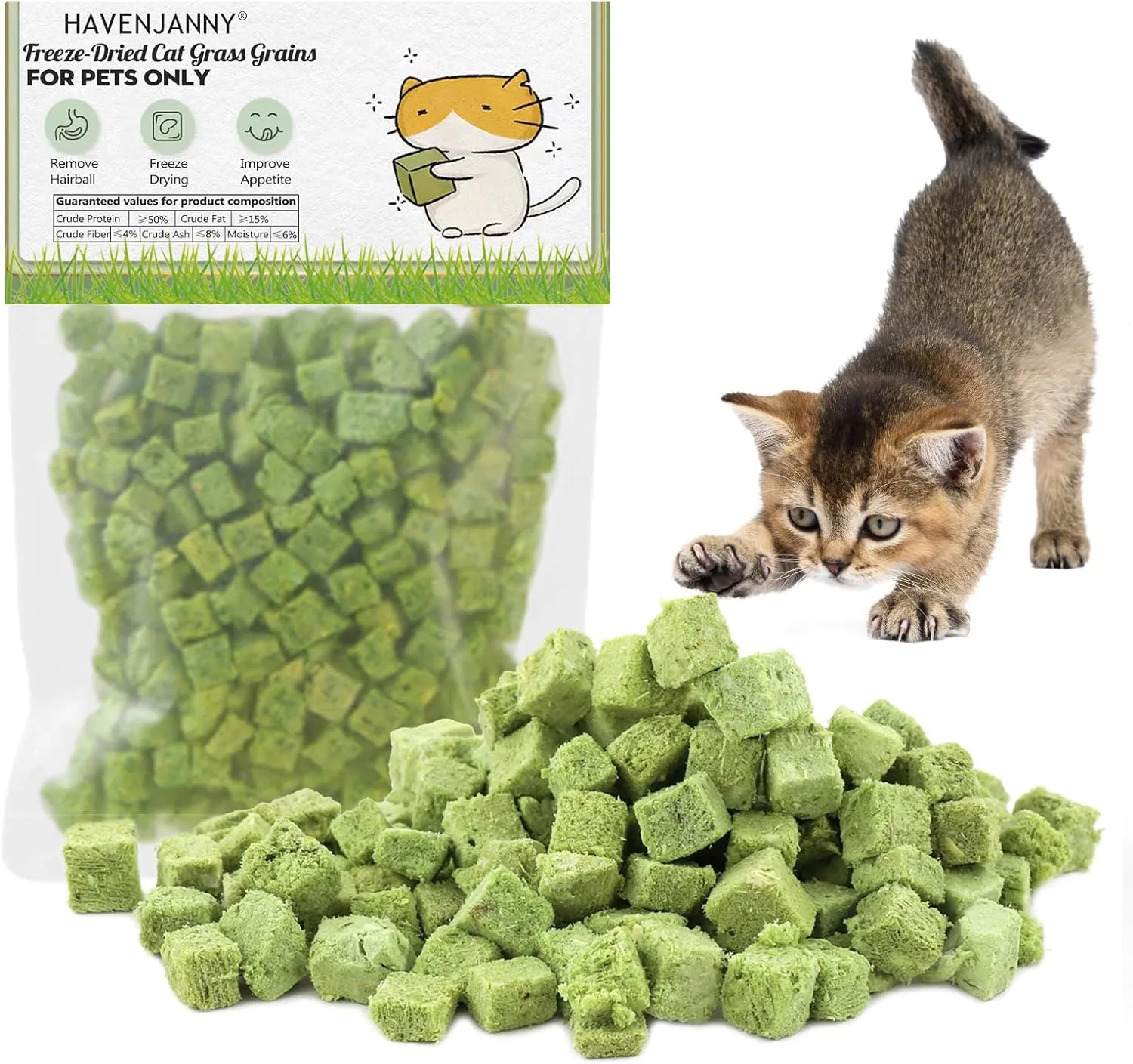 HavenJanny 120g Cat Grass Treats for Cat, Freezed Drying Cat Grass Teething Stick Snacks for Cats, Edible Cat Chew Toys for Hairball Removal and Teeth Cleaning