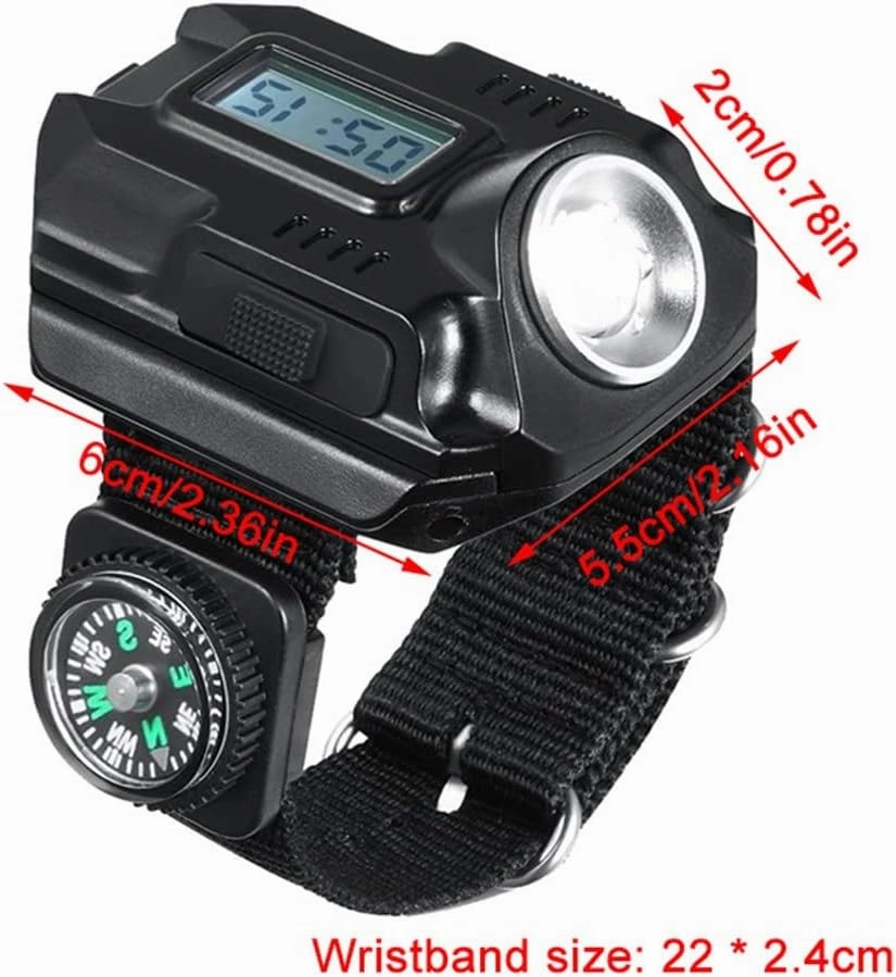 HBJWOV LED Wrist Flashlight Rechargeable Compass Watch Light Portable Wrist Light XPE Outdoor Camping Hiking Lighting Tool
